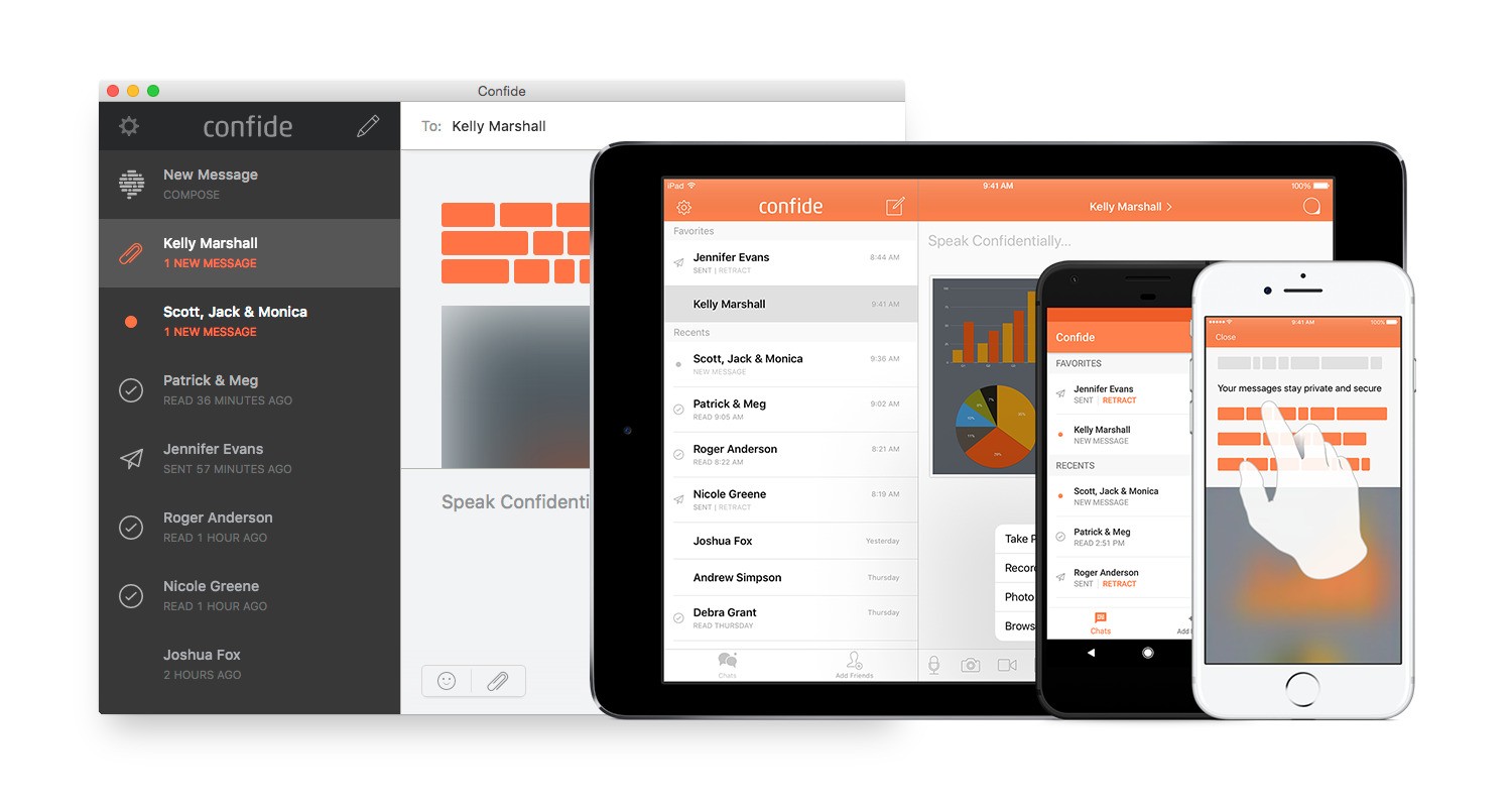 An iPhone, iPad and tablet displaying the confide app interface on their screens