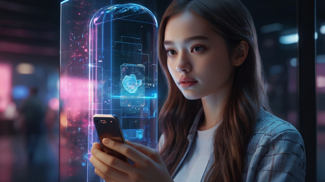 A woman holds a smartphone displaying a sleek, futuristic interface